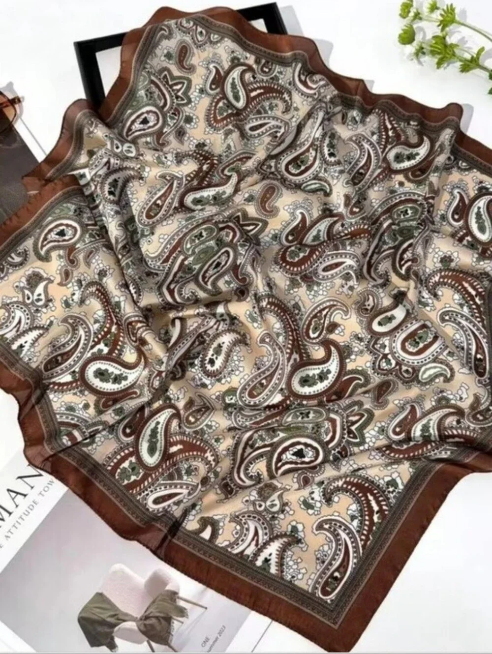 Silk-feel Paisley Scarf in Brown & Beige Head & Neck Scarf